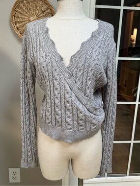 Lost + Wander Olivia Cable Knit Faux Wrap Sweater Medium Heather Gray $128